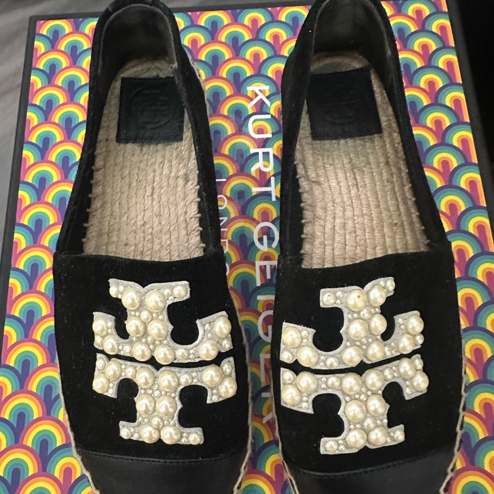 Tory burcg Black Espadrilles with Pearl Detailing